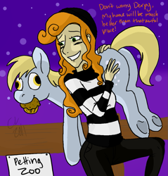 Size: 889x931 | Tagged: safe, artist:cartoonlion, artist:pacce, character:carrot top, character:derpy hooves, character:golden harvest, species:human, species:pony, bubble butt, carrying, colored, humanized, kidnapped, muffin, petting zoo, plot, stealing, underhoof