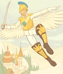 Size: 2300x2700 | Tagged: safe, artist:jakneurotic, species:human, armor, canterlot, covered eyes, flying, helmet, humanized, male, man, royal guard, saber, solo, sword, weapon, winged humanization, wings