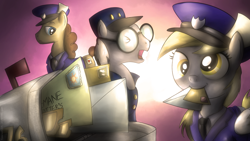 Size: 1366x768 | Tagged: safe, artist:fongsaunder, character:derpy hooves, character:mr. zippy, character:post haste, species:pegasus, species:pony, clothing, female, glasses, hat, letter, mailmare, mailpony, mare, mouth hold, trio, uniform