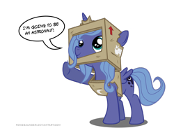 Size: 1600x1236 | Tagged: safe, artist:fongsaunder, character:princess luna, species:alicorn, species:pony, astronaut, cardboard box, cute, dialogue, female, filly, looking up, pointing, raised hoof, simple background, smiling, solo, speech bubble, transparent background, underhoof, vector, woona