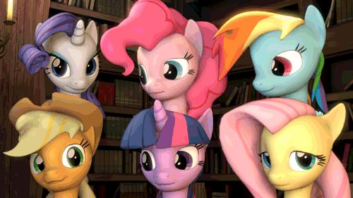 Size: 500x281 | Tagged: safe, artist:drdicksamazingstick, character:applejack, character:fluttershy, character:pinkie pie, character:rainbow dash, character:rarity, character:twilight sparkle, species:pony, species:unicorn, 3d, animated, clothing, cute, female, hat, looking at you, mane six, mare, smiling, source filmmaker