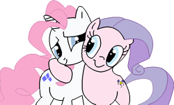 Size: 640x388 | Tagged: safe, artist:youwillneverkno, character:pinkie pie, character:rarity, hug, mane swap, smiling, tail swap