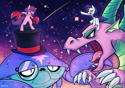 Size: 1273x900 | Tagged: safe, artist:jopiter, character:rarity, character:spike, species:crab, cancer (horoscope), classy, clothing, fight, hat, like a sir, monocle, monocle and top hat, monster, moustache, older, older spike, ponyscopes, rarity fighting a giant crab, riding, top hat, zodiac