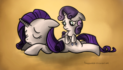 Size: 726x413 | Tagged: safe, artist:fongsaunder, character:rarity, character:sweetie belle, species:pony, species:unicorn, duo, duo female, eyes closed, female, filly, floppy ears, mare, sisters, tired