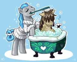 Size: 766x617 | Tagged: safe, artist:emlan, species:earth pony, species:pony, bath, bathtub, blue background, brush, bubble bath, claw foot bathtub, duo, male, pigpen, simple background, squeaky clean, stallion, suds, the perfect stallion, washing, wavy mouth, yellow background