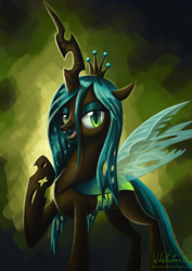 Size: 900x1274 | Tagged: safe, artist:whitestar1802, character:queen chrysalis, species:changeling, g4, abstract background, changeling queen, fangs, female, looking at you, open mouth, raised hoof, signature, smiling, solo, standing