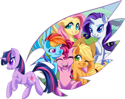 Size: 800x633 | Tagged: safe, artist:g-blue16, character:applejack, character:fluttershy, character:pinkie pie, character:rainbow dash, character:rarity, character:twilight sparkle, species:earth pony, species:pegasus, species:pony, species:unicorn, applejack's hat, clothing, cowboy hat, female, freckles, hat, laughing, mane six, mare, open mouth, simple background, smiling, stetson, transparent background, wings