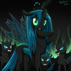 Size: 800x800 | Tagged: safe, artist:skykain, character:queen chrysalis, species:changeling, changeling queen, evil grin, female, grin, looking at you, raised hoof, smiling