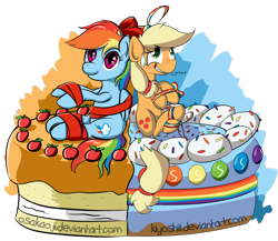 Size: 1296x1124 | Tagged: safe, artist:kiyoshiii, artist:osakaoji, character:applejack, character:rainbow dash, species:earth pony, species:pegasus, species:pony, cake, duo, ponies in food, ribbon, sweat, sweatdrop, tied up