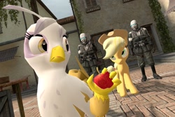 Size: 1093x731 | Tagged: safe, artist:dbuilder, character:applejack, character:gilda, species:griffon, 3d, civil protection, gmod, half-life, half-life 2, market, marketplace, ratted out, stealing