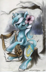 Size: 1280x1970 | Tagged: dead source, safe, artist:anightlypony, character:lyra heartstrings, species:pony, species:unicorn, female, flower, flower in hair, lyre, mare, musical instrument, sitting, snow, solo, tree, tree stump