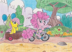 Size: 3088x2217 | Tagged: safe, artist:darkknightwolf2011, character:fluttershy, character:pinkie pie, filly, high res, tricycle, wagon