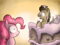 Size: 1024x768 | Tagged: safe, artist:fongsaunder, character:doctor whooves, character:pinkie pie, character:time turner, cake, doctor who, duo, surprise cake
