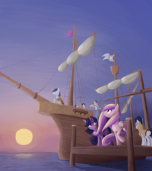 Size: 1413x1581 | Tagged: safe, artist:bakuel, character:princess cadance, character:shining armor, character:twilight sparkle, species:pony, boat, royal guard, ship, sun