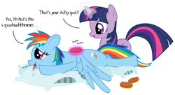 Size: 2116x1151 | Tagged: safe, artist:jp, character:rainbow dash, character:twilight sparkle, ship:twidash, brush, brushie, curry comb, drool, female, grooming, horses doing horse things, lesbian, magic, massage, open mouth, pillow, scratching, shipping, shivering, smiling, spread wings, talking, tongue out, wings