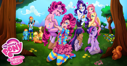 Size: 1980x1024 | Tagged: safe, artist:g-blue16, character:applejack, character:fluttershy, character:pinkie pie, character:rainbow dash, character:rarity, character:twilight sparkle, character:twilight sparkle (alicorn), species:alicorn, species:earth pony, species:human, species:pegasus, species:pony, species:unicorn, belt, boots, clothing, converse, female, human ponidox, humanized, mane six, mare, my little pony logo, pantyhose, ponidox, self ponidox, shoes, skirt, socks, striped socks, suspenders, tree, tube skirt