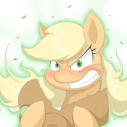 Size: 4800x4800 | Tagged: safe, artist:janji009, character:applejack, absurd resolution, angry, applejack wants her hat back, aura, clothing, cowboy hat, crying, female, hat, hatless, missing accessory, rage, solo, stetson, torn