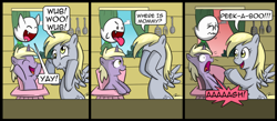 Size: 900x394 | Tagged: safe, artist:madmax, artist:pacce, character:derpy hooves, character:dinky hooves, species:pegasus, species:pony, species:unicorn, boo (super mario), comic, covering eyes, crossover, dialogue, female, filly, ghost, mare, mario, peekaboo, scared, super mario bros., underp