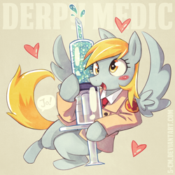 Size: 1000x1000 | Tagged: safe, artist:5-cm, artist:jopiter, character:derpy hooves, species:pegasus, species:pony, blushing, crossover, cute, derpabetes, dialogue, female, giant syringe, happy, heart, hoof hold, looking at you, mare, medic, necktie, smiling, solo, speech bubble, spread wings, syringe, team fortress 2, wings