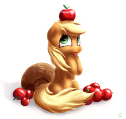 Size: 917x870 | Tagged: safe, artist:hieronymuswhite, character:applejack, species:pony, apple, balancing, basket, female, filly, hatless, loose hair, missing accessory, silly, silly pony, sitting, solo, tongue out, who's a silly pony