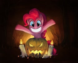 Size: 1000x816 | Tagged: safe, artist:erysz, character:pinkie pie, candle, female, halloween, holiday, jack-o-lantern, pumpkin, solo