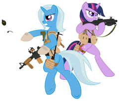 Size: 3000x2456 | Tagged: safe, artist:shadawg, character:trixie, character:twilight sparkle, species:pony, bipedal, duo, duo female, female, gun, high res, simple background, transparent background, weapon