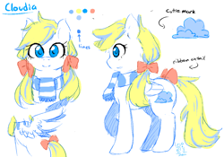 Size: 1100x768 | Tagged: safe, artist:chinad011, oc, oc only, oc:cloudia, species:pegasus, species:pony, bow, clothing, cloud, female, glasses, hair bow, mare, reference sheet, scarf, sketch, solo, tail bow