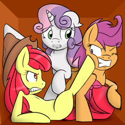 Size: 1024x1024 | Tagged: safe, artist:tails-doll-lover, character:apple bloom, character:scootaloo, character:sweetie belle, species:pegasus, species:pony, angry, box, crowded, cutie mark crusaders, floppy ears, gritted teeth, kicking, older, older apple bloom, older cmc, older scootaloo, older sweetie belle, on back, teenage crusaders answers, teenager, wide eyes, wink
