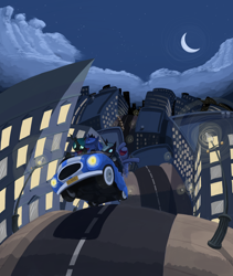 Size: 1380x1632 | Tagged: safe, artist:bakuel, character:nightmare moon, character:princess luna, character:queen chrysalis, car, city, cityscape, driving, lunar trinity, night, riding, s1 luna, surreal