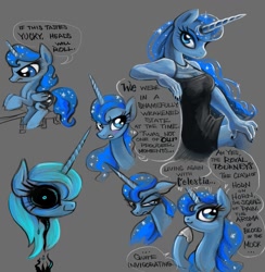 Size: 975x1000 | Tagged: safe, artist:kabukihomewood, character:princess luna, species:alicorn, species:anthro, species:pony, loony luna, anthro with ponies, black sclera, blushing, clothing, cute, dialogue, dress, ethereal mane, filly, galaxy mane, hoof on chin, hoof shoes, little black dress, speech bubble, text, woona