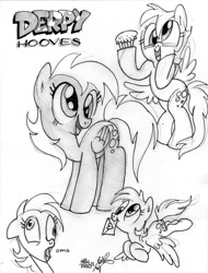 Size: 609x800 | Tagged: safe, artist:kabukihomewood, character:derpy hooves, species:pegasus, species:pony, female, floppy ears, flying, grayscale, letter, love letter, mare, monochrome, mouth hold, muffin, open mouth, pencil drawing, simple background, smiling, solo, spread wings, white background, wings