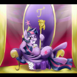 Size: 1024x1024 | Tagged: safe, artist:anightlypony, character:twilight sparkle, character:twilight sparkle (alicorn), species:alicorn, species:pony, episode:princess twilight sparkle, g4, my little pony: friendship is magic, big crown thingy, clothing, dreamworks face, female, grin, mare, robe, smug, smuglight sparkle, solo, throne, throne slouch, twilight scepter