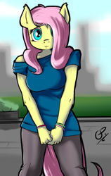 Size: 658x1043 | Tagged: safe, artist:globalpredatorx, character:fluttershy, species:anthro, breasts, female, solo