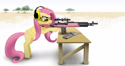 Size: 3307x1764 | Tagged: safe, artist:vombavr, character:fluttershy, female, glasses, goggles, gun, larue tactical, m14, m14 ebr, picatinny rail, rifle, safety goggles, snipershy, solo, table, tree, weapon