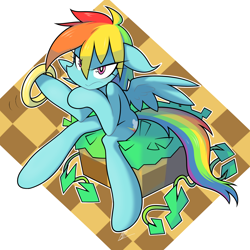 Size: 1800x1800 | Tagged: safe, artist:red-poni, character:rainbow dash, crossover, dirt cube, female, green hill zone, ring, semi-anthro, sitting, solo, sonic the hedgehog (series), style emulation