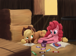 Size: 1272x936 | Tagged: safe, artist:bakuel, character:applejack, character:pinkie pie, crayon, drawing, hay, hay bale, mouth hold, pencil