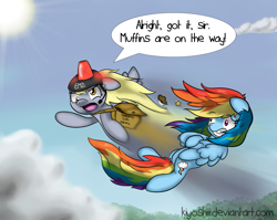 Size: 1011x803 | Tagged: safe, artist:kiyoshiii, character:derpy hooves, character:rainbow dash, species:pegasus, species:pony, g4, bag, dialogue, duo, female, flying, helmet, mare, muffin