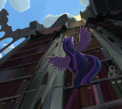 Size: 1353x1200 | Tagged: safe, artist:bakuel, character:twilight sparkle, character:twilight sparkle (alicorn), species:alicorn, species:pony, episode:castle mane-ia, g4, my little pony: friendship is magic, book, castle of the royal pony sisters, female, flying, library, mare, perspective, ruins, scene interpretation, scenery, solo, vertigo