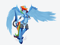 Size: 1732x1311 | Tagged: safe, artist:zodiacnicola, character:rainbow dash, species:anthro, species:unguligrade anthro, armor, belly button, chainmail bikini, female, hooves, midriff, solo, sword