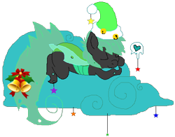 Size: 473x371 | Tagged: safe, artist:princessamity, oc, oc only, species:changeling, episode:hearth's warming eve, g4, my little pony: friendship is magic, bells, clothing, cloud, green changeling, hat, heart, holiday, ribbon, simple background, sleeping, solo, stars, transparent background, vector