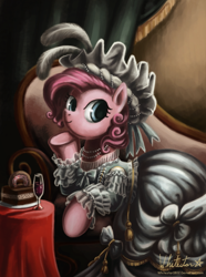 Size: 900x1208 | Tagged: safe, artist:whitestar1802, character:pinkie pie, cake, clothing, couch, donut, drapes, dress, fancy, feather, female, hat, marie antoinette, necklace, pearl (object), smiling, solo, table, victorian, wine, wine glass
