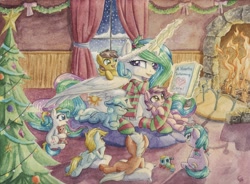 Size: 1024x752 | Tagged: safe, artist:the-wizard-of-art, character:princess celestia, oc, species:alicorn, species:earth pony, species:pegasus, species:pony, species:unicorn, :3, book, christmas, christmas tree, clothing, colt, cuddling, cute, cutelestia, filly, fireplace, floppy ears, hat, heart, hearth's warming, holiday, holly, hug, levitation, lidded eyes, magic, male, missing accessory, momlestia, ocbetes, on side, on top, open mouth, orphanage, prone, santa hat, scarf, sitting, smiling, snow, snowfall, socks, striped socks, sweet dreams fuel, telekinesis, traditional art, tree, underhoof, watercolor painting, window, wing fluff