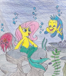 Size: 2198x2539 | Tagged: safe, artist:darkknightwolf2011, character:fluttershy, crossover, flounder, high res, mermaid, merpony, the little mermaid, traditional art