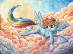 Size: 1024x749 | Tagged: safe, artist:the-wizard-of-art, character:rainbow dash, species:pegasus, species:pony, g4, cloud, cloudy, female, flying, looking back, mare, solo, traditional art, watercolor painting