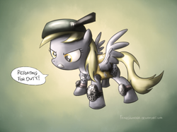 Size: 837x625 | Tagged: safe, artist:fongsaunder, character:derpy hooves, species:pegasus, species:pony, armor, female, frying pan, mare, solo