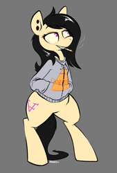 Size: 633x939 | Tagged: safe, artist:owl-eyes, oc, oc only, species:pony, bipedal, clothing, doritos, drugs, hoodie, joint, marijuana, piercing, product placement, smoking, solo