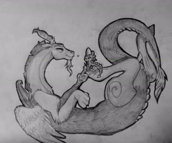 Size: 2849x2369 | Tagged: safe, artist:themoonraven, character:discord, character:spike, ship:dispike, gay, heart, interspecies, male, monochrome, shipping, traditional art