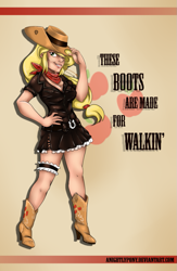 Size: 721x1109 | Tagged: safe, artist:anightlypony, character:applejack, species:human, cowgirl, female, garter, humanized, light skin, nancy sinatra, pinup, solo, wallpaper