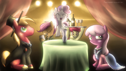 Size: 1280x720 | Tagged: safe, artist:fongsaunder, character:apple bloom, character:big mcintosh, character:cheerilee, character:scootaloo, character:sweetie belle, species:earth pony, species:pegasus, species:pony, alcohol, apple bloom the shipper, bottle, clothing, cutie mark crusaders, dress, eyes closed, flower, glass, hat, male, microphone, mouth hold, notepad, pencil, scootaloo the shipper, shipper on deck, stallion, sweetie the shipper, table, tablecloth, tuxedo, vase