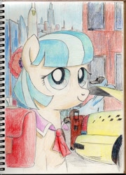 Size: 1496x2074 | Tagged: safe, artist:apocheck13, character:coco pommel, species:earth pony, species:pony, episode:rarity takes manehattan, g4, my little pony: friendship is magic, bag, car, female, manehattan, mare, saddle bag, solo, suitcase, taxi, traditional art